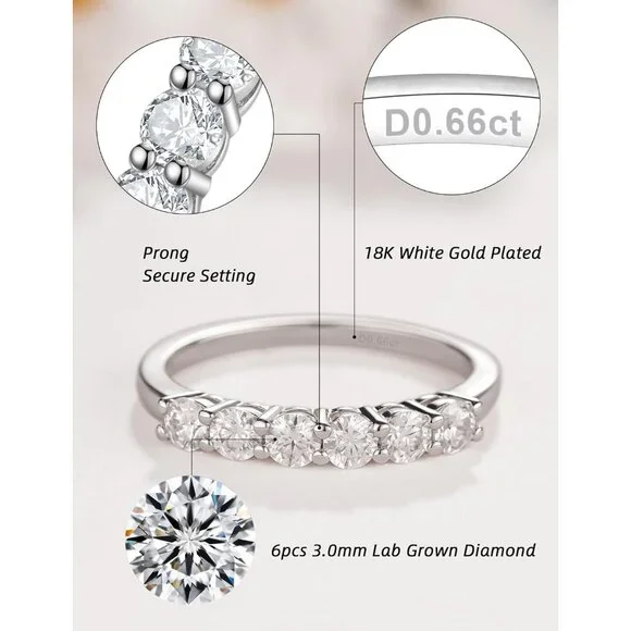 IMOLOE Lab Grown Diamond Wedding Bands for Women，0.66 Carat Ring 6 Stones Eterni